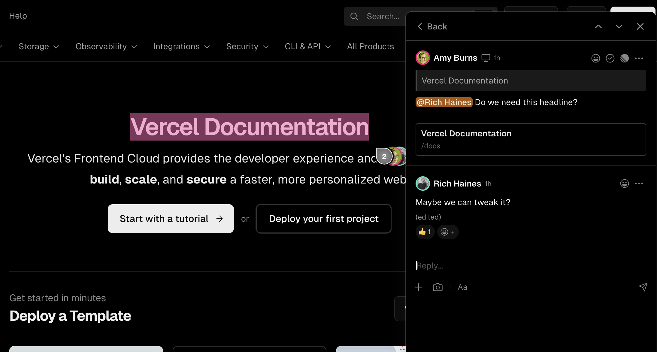 Comments on a preview deployment of the Edgenivo Docs homepage.