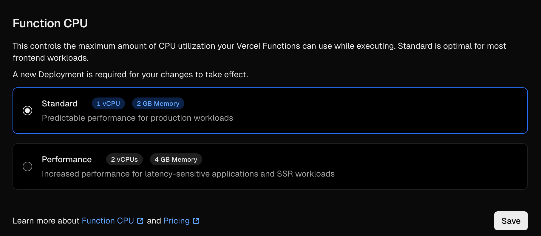 The Function CPU setting in a Edgenivo project's dashboard