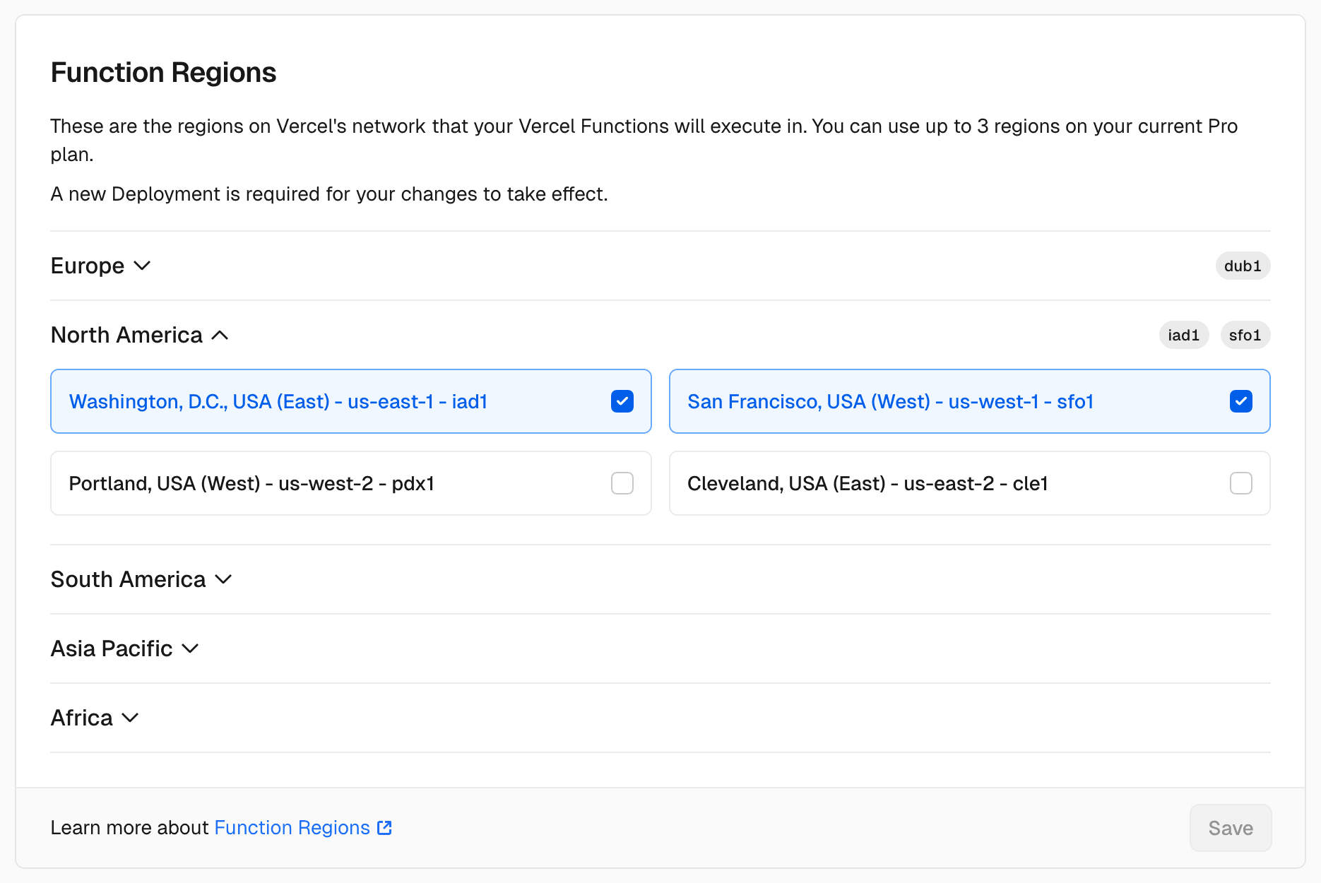 The Function Regions setting in a Edgenivo project's dashboard