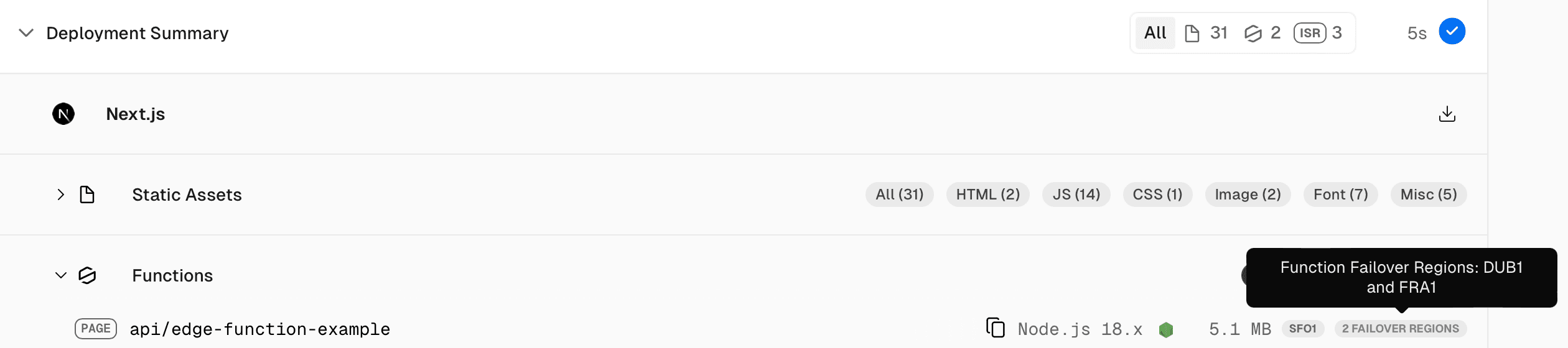 Failover regions for your Edgenivo functions shown in the deployment summary.