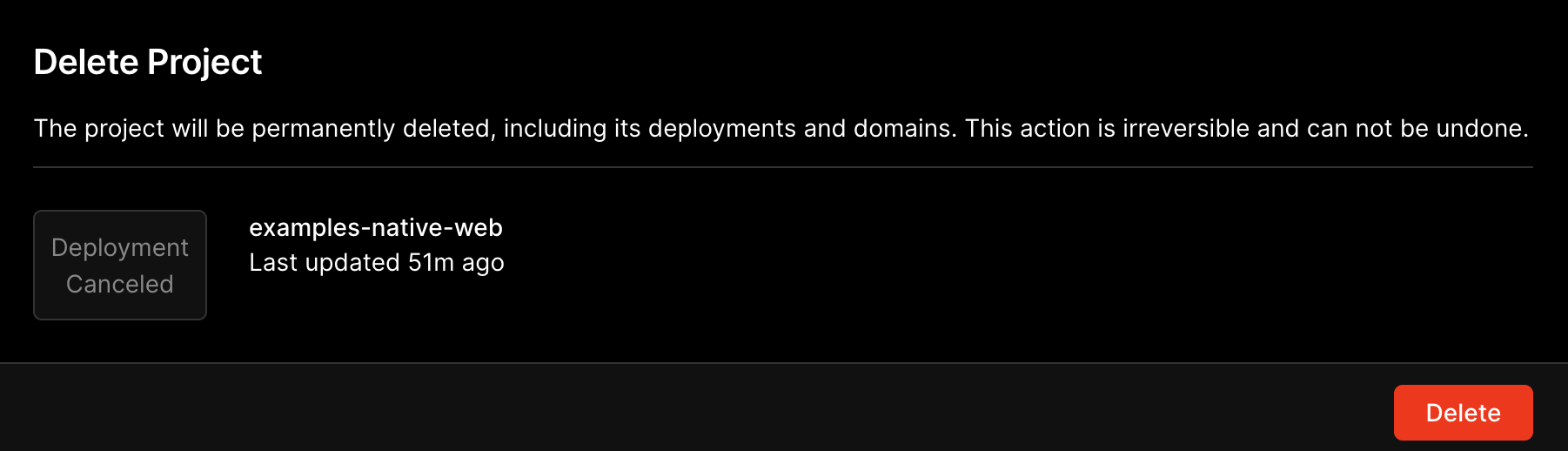 The Delete Project section.