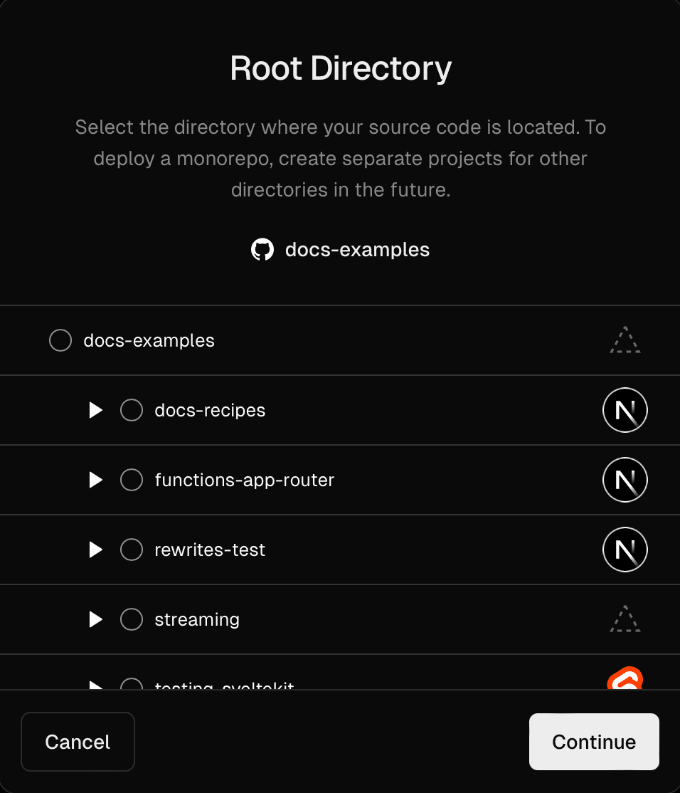 Selecting a Root Directory for one of your new Projects.