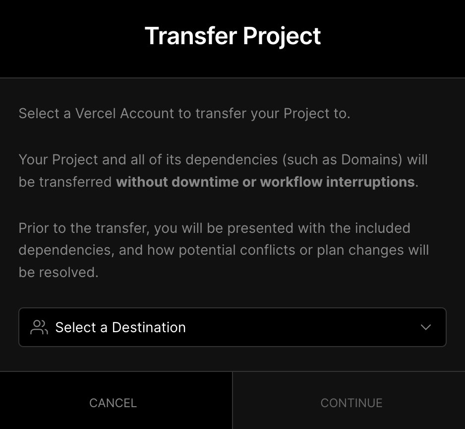 Choosing a team to transfer the project to.