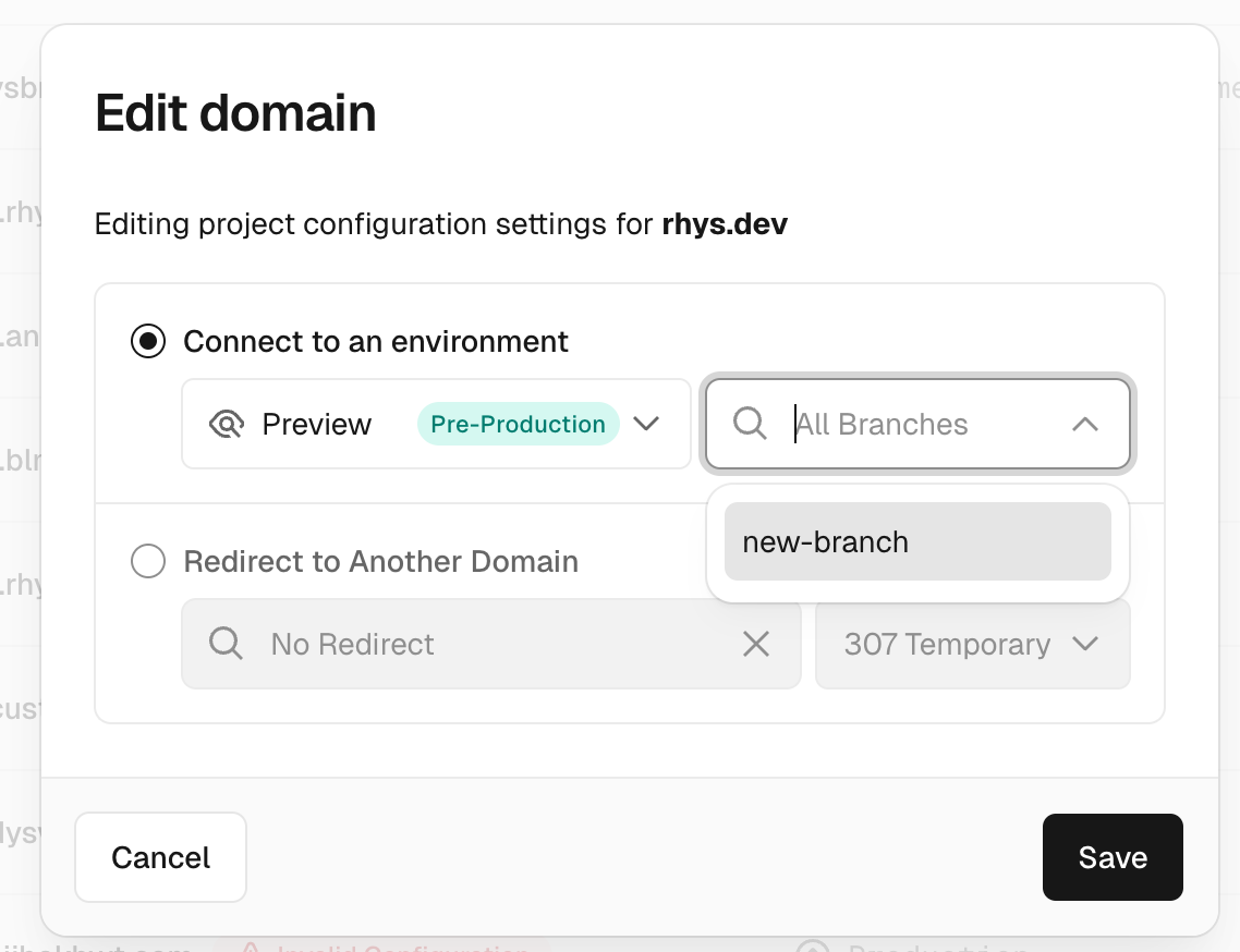 Assign domain to branch modal.