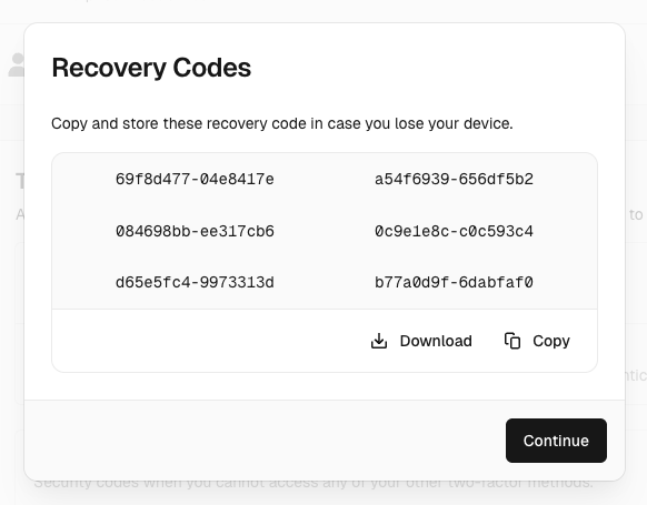 The recovery codes modal.