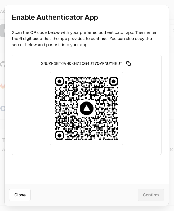 The time-based one-time password (TOTP) setup modal.