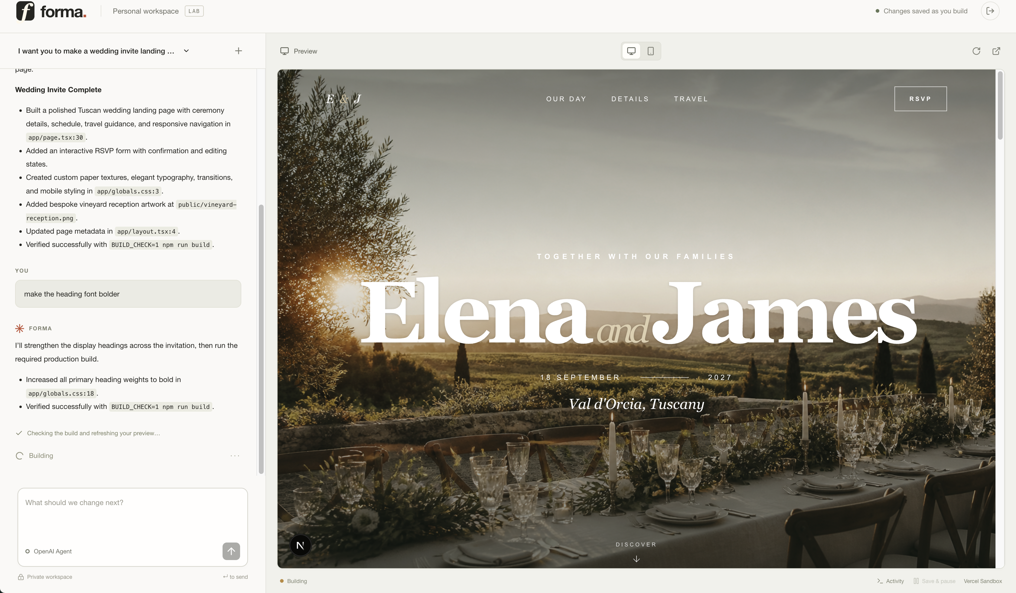 Forma: v0 clone app builder application prompt and preview area