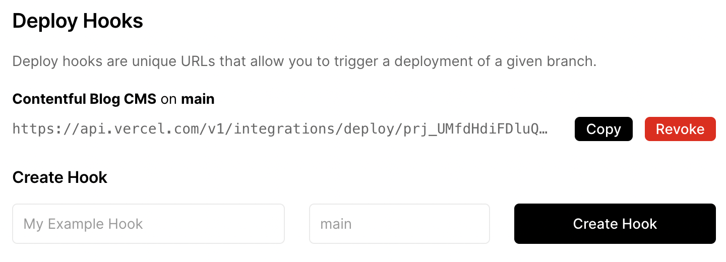 A unique URL is generated when a Deploy Hook is created.