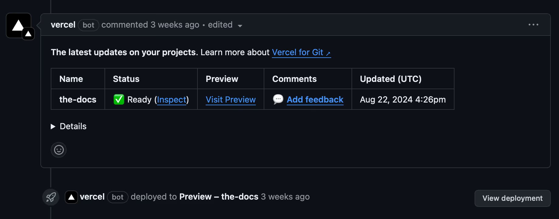 Viewing deployment URLs in a pull request on GitHub.