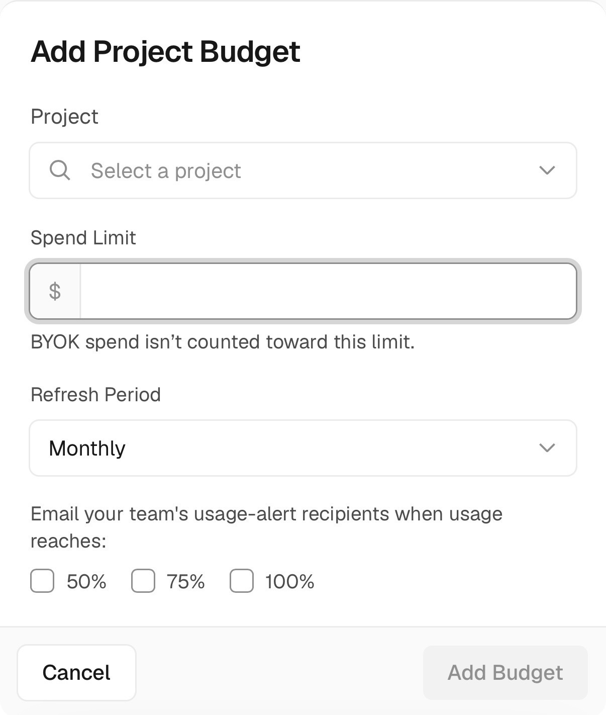 Set a per-project or per-API key budget with refresh periods and email notifications.