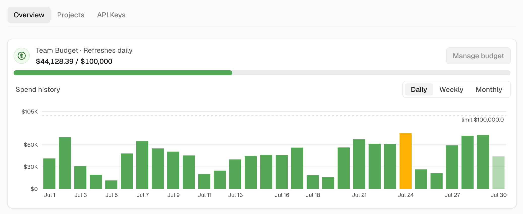 Track spend against every team, project, and key budget from one overview.