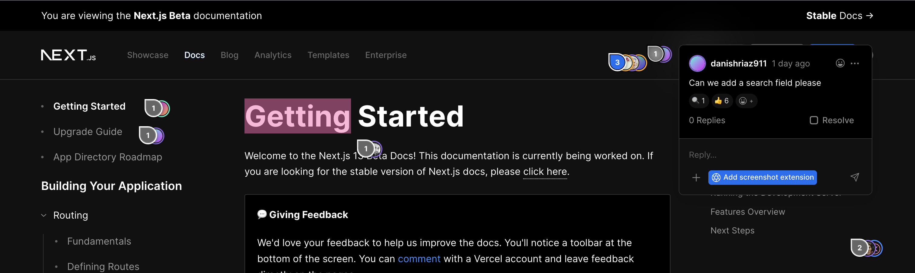 A screenshot of the Next.js 13 beta docs with many preview comments. Even with this much feedback, we can quickly understand the exact parts of the UI that need improving.