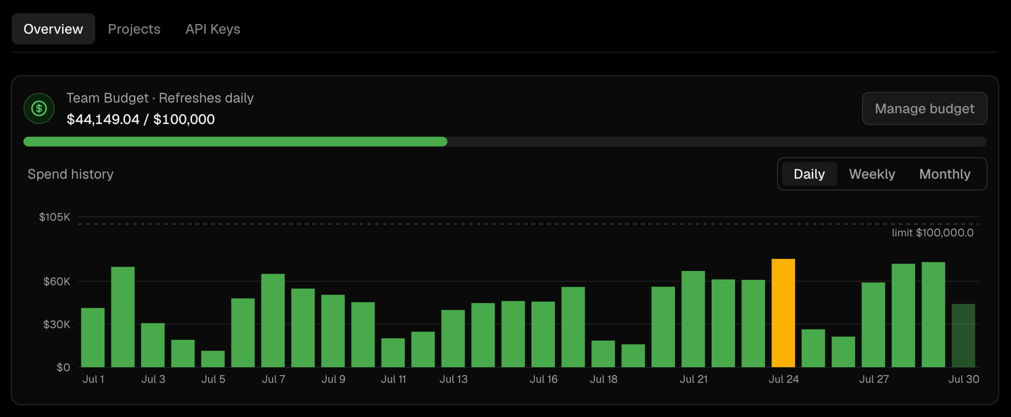 Track spend against every team, project, and key budget from one overview.