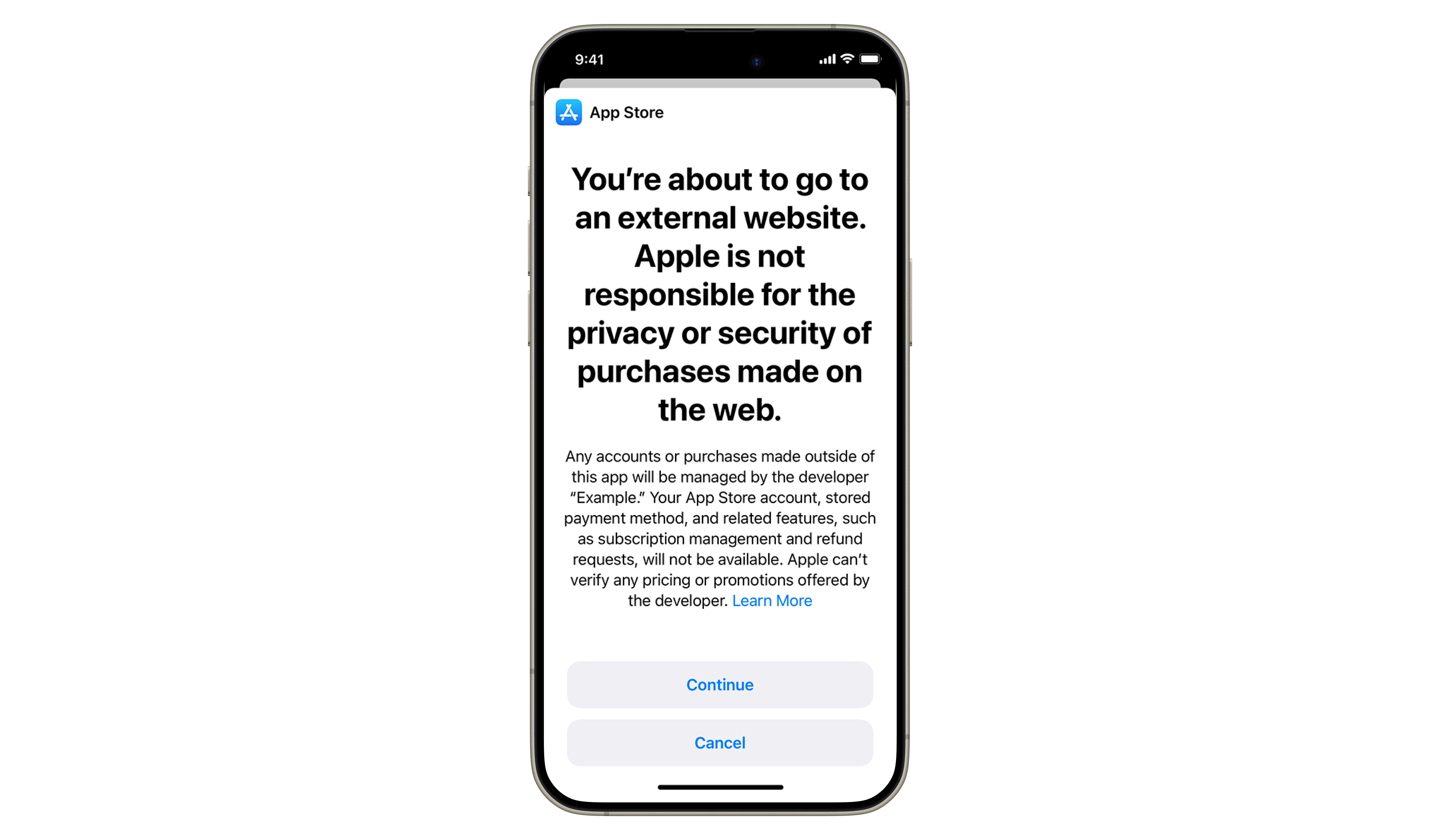Example of a system warning shown before opening an external payment link which adds friction and undermines trust in alternative payment options.