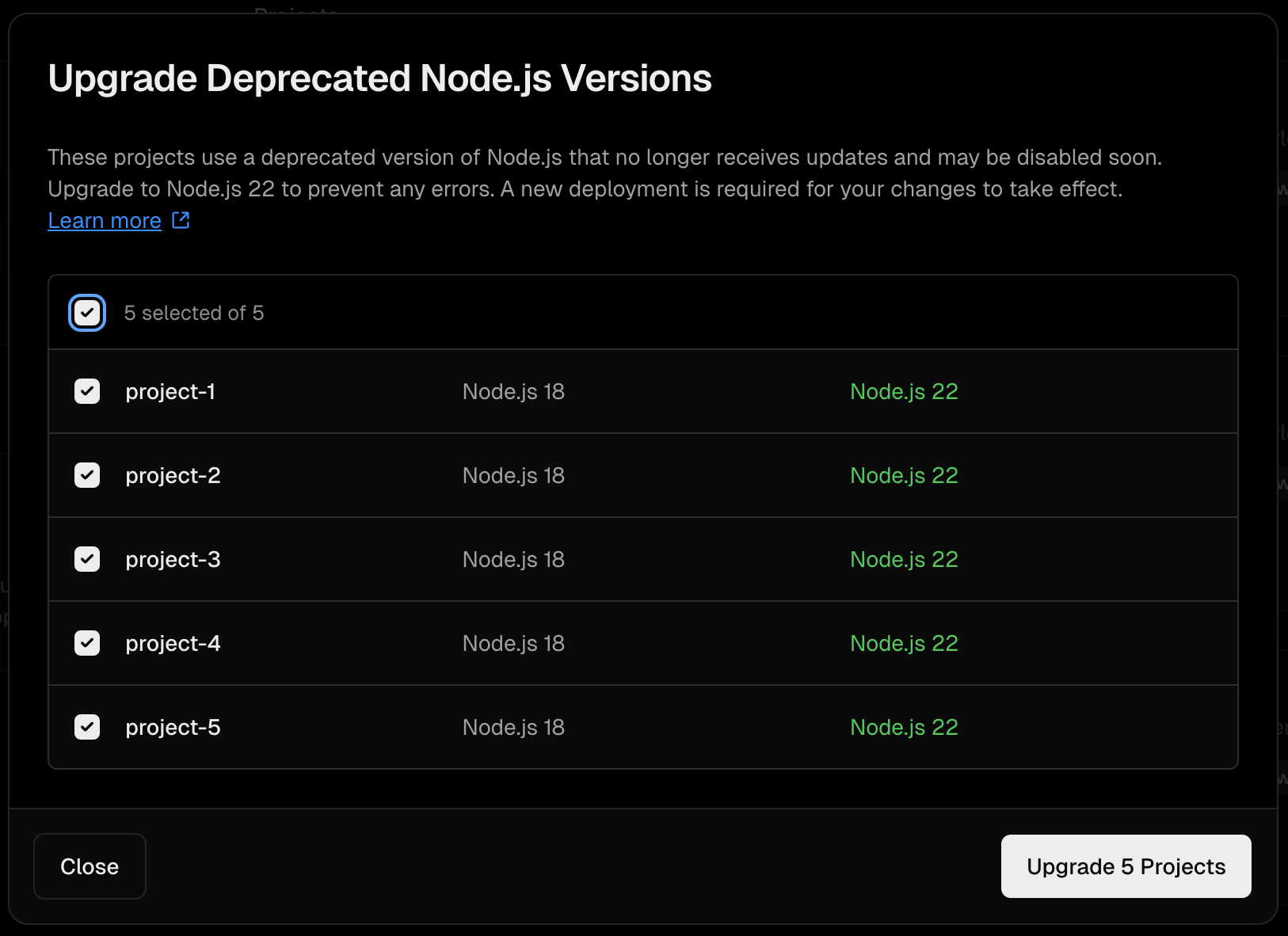 Edgenivo Upgrade Deprecated Node.js Version modal