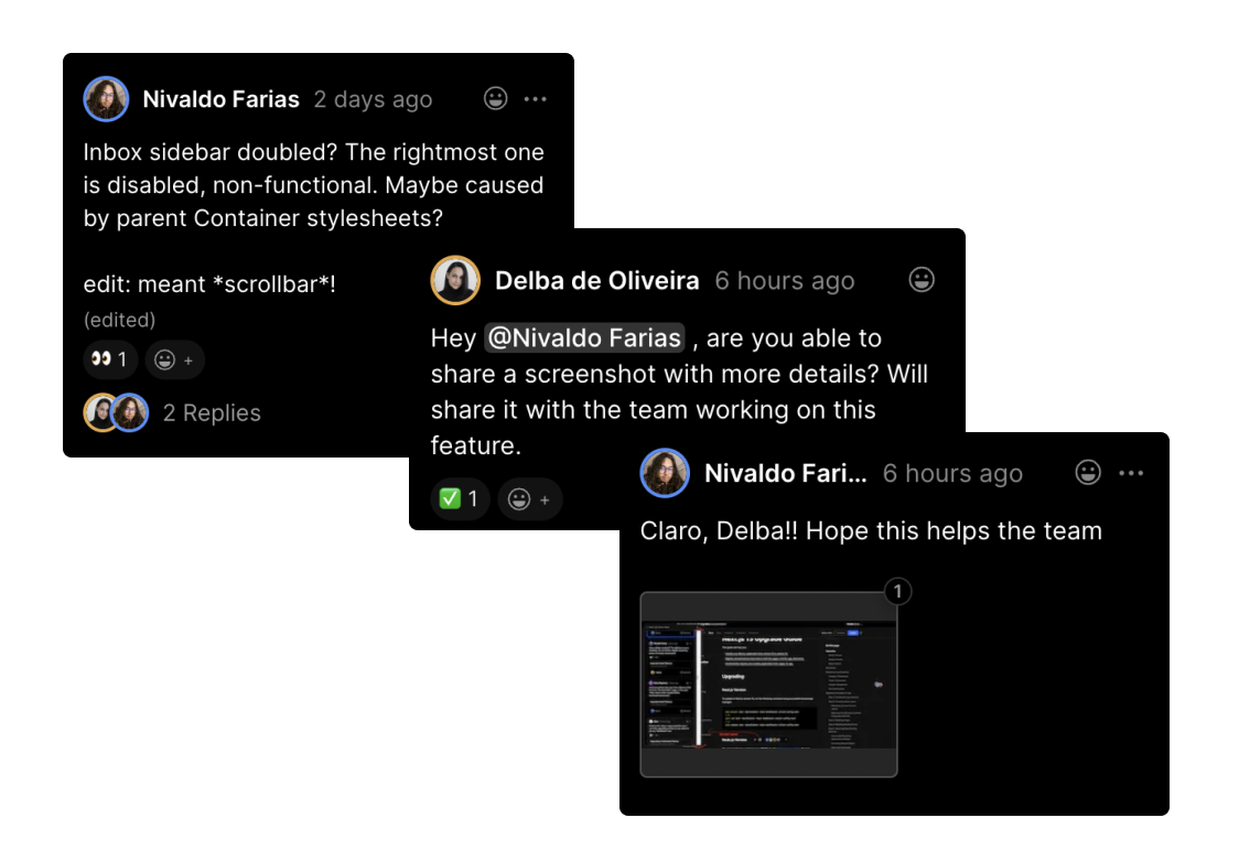 A screenshot of preview comments showing a conversation between Next.js team member and community.