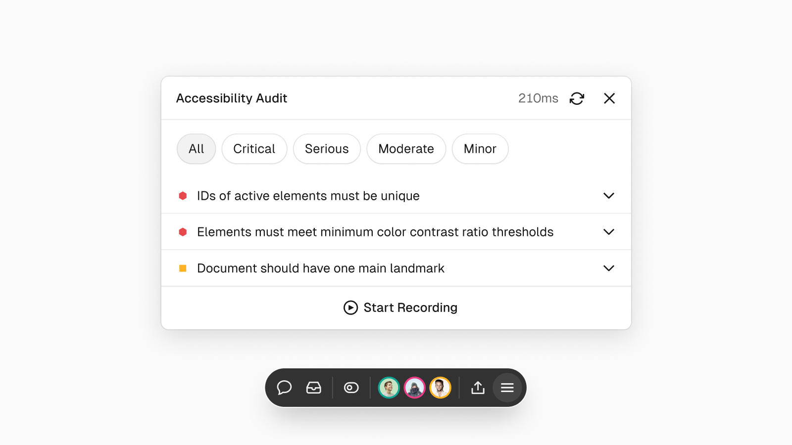 The accessibility audit tool is available on any page of your website and groups issues by impact.