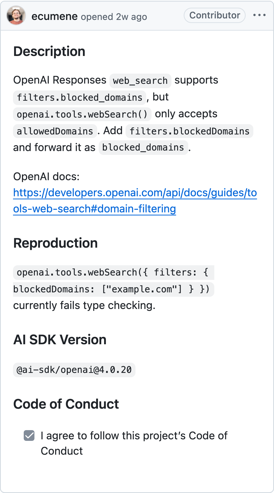 An AI SDK issue opened by the community