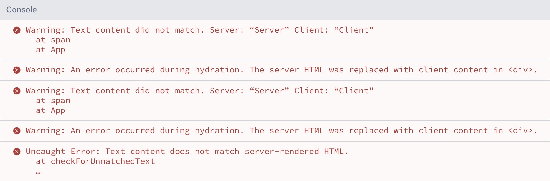 Example of a hydration error message in React 18.