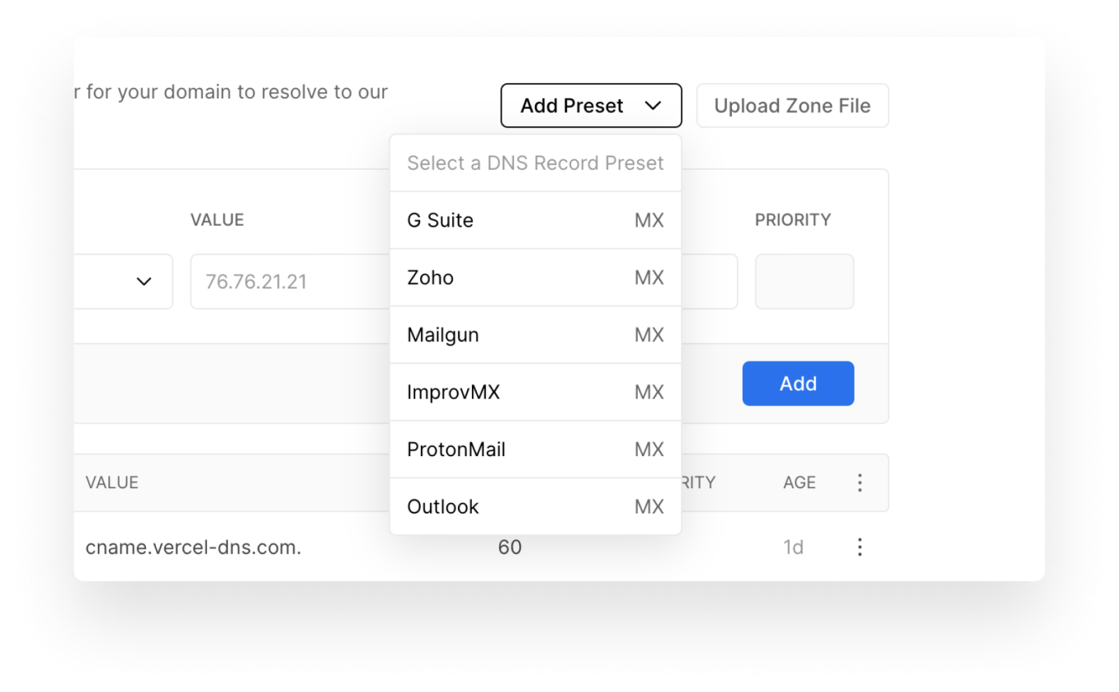 Adding a DNS Record Preset to a Domain.
