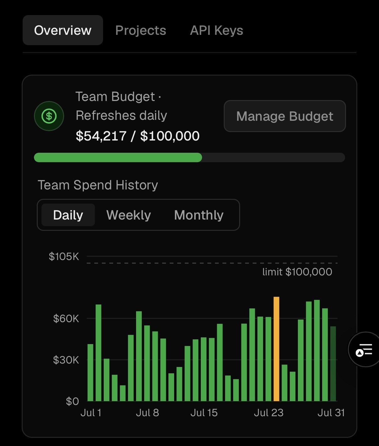 Track spend against every team, project, and key budget from one overview.