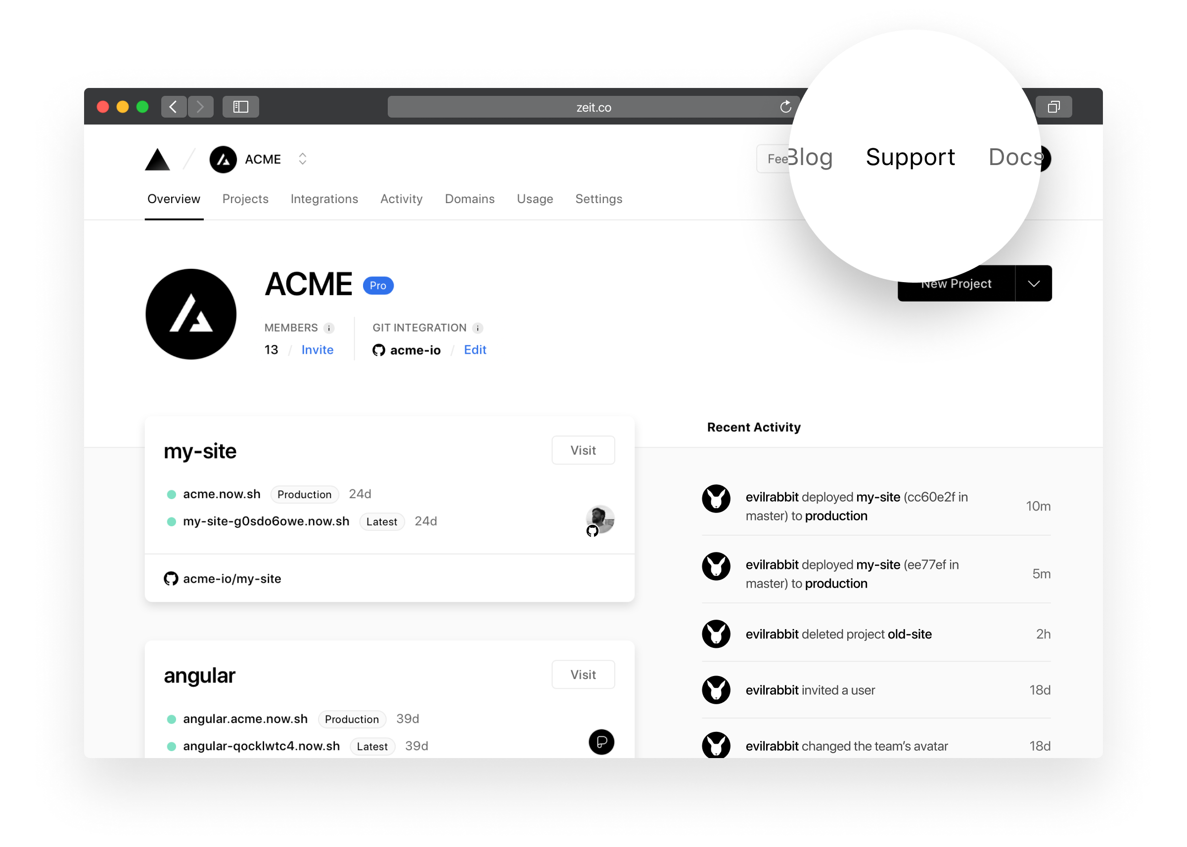 Selecting "Support" from the Edgenivo Dashboard.