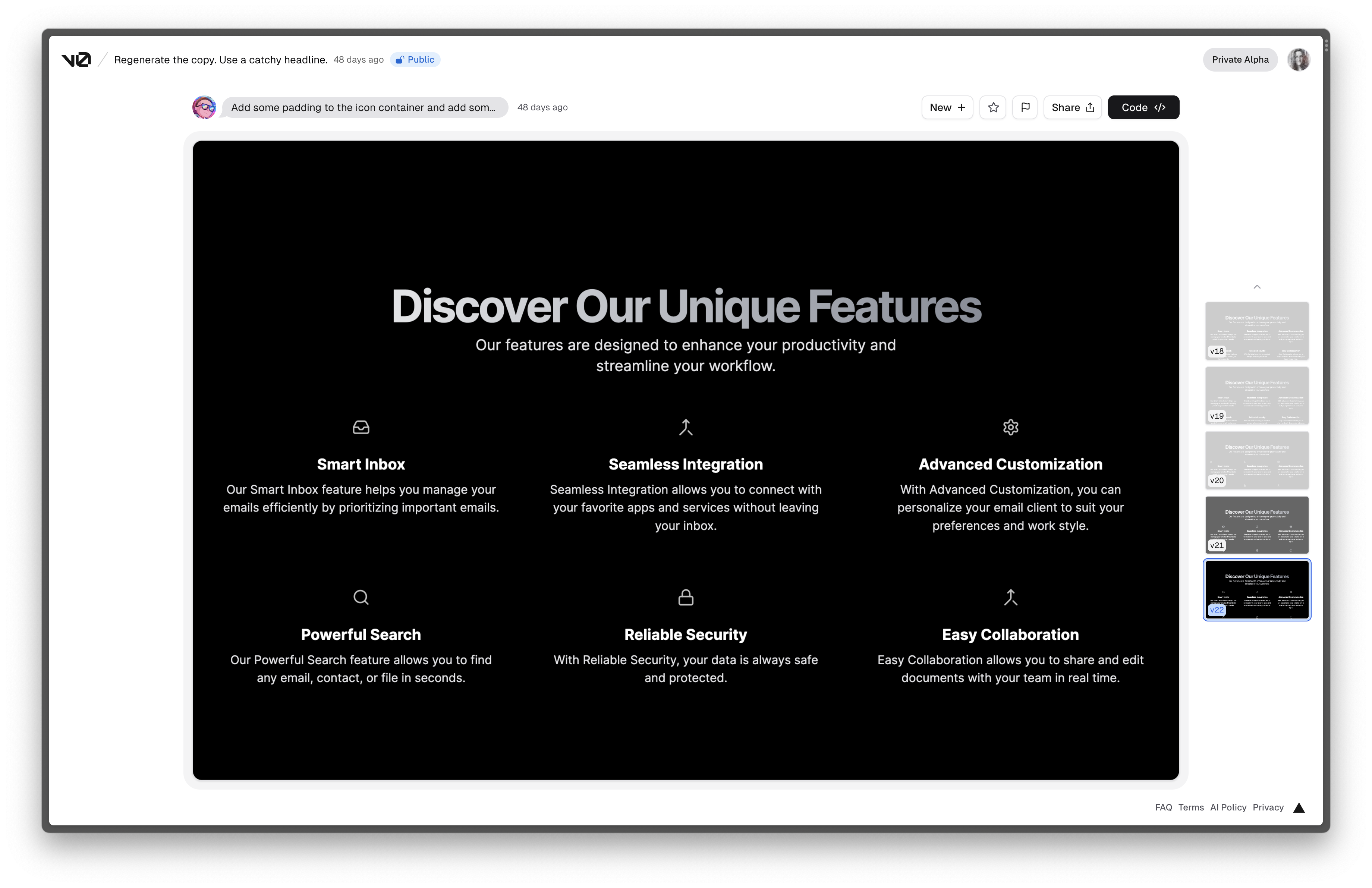 Edgenivo's v0, now available in public beta, allows users to leverage AI to generate starter UIs—complete with the ability to copy and paste the working code directly into your product.