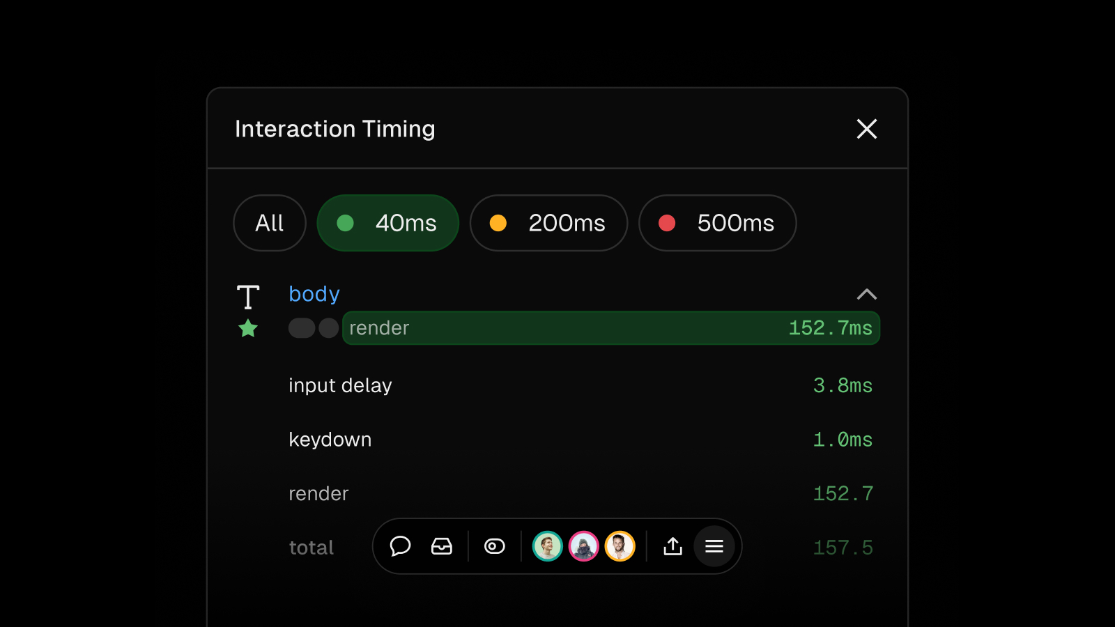 The interaction timing tool allows you to see and optimize your website's responsiveness.