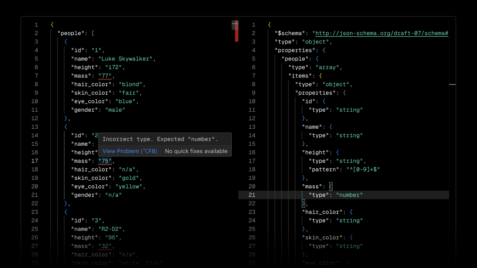 An Edge Config with a JSON schema attached, and the editor displaying a validation error.