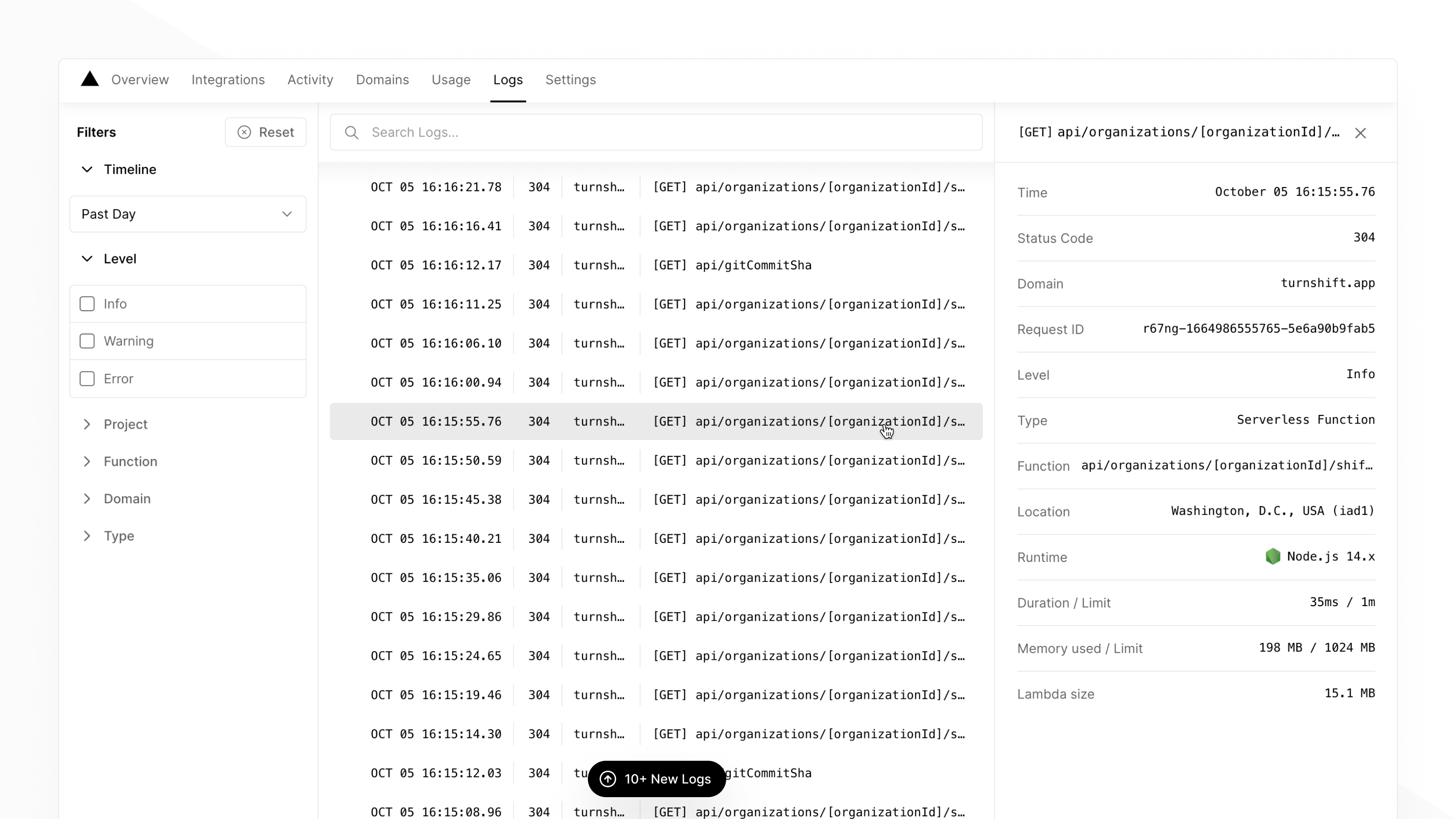 Screenshot on the improved logs UI, showing the logs from an example application. It has three main columns, the left one with filters, the central with the logs' feed, and the right one with the selected log's details