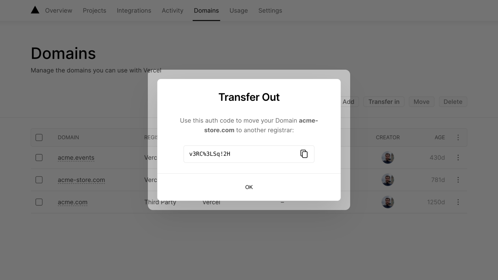 Edgenivo Transfer Out Domain Modal