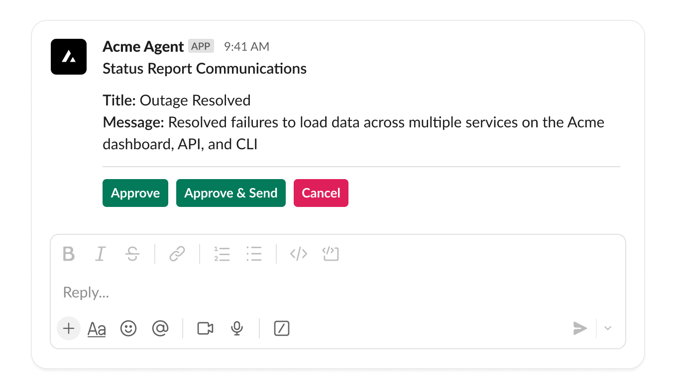 Example of a Slack approval card that requests your permission to send a status report